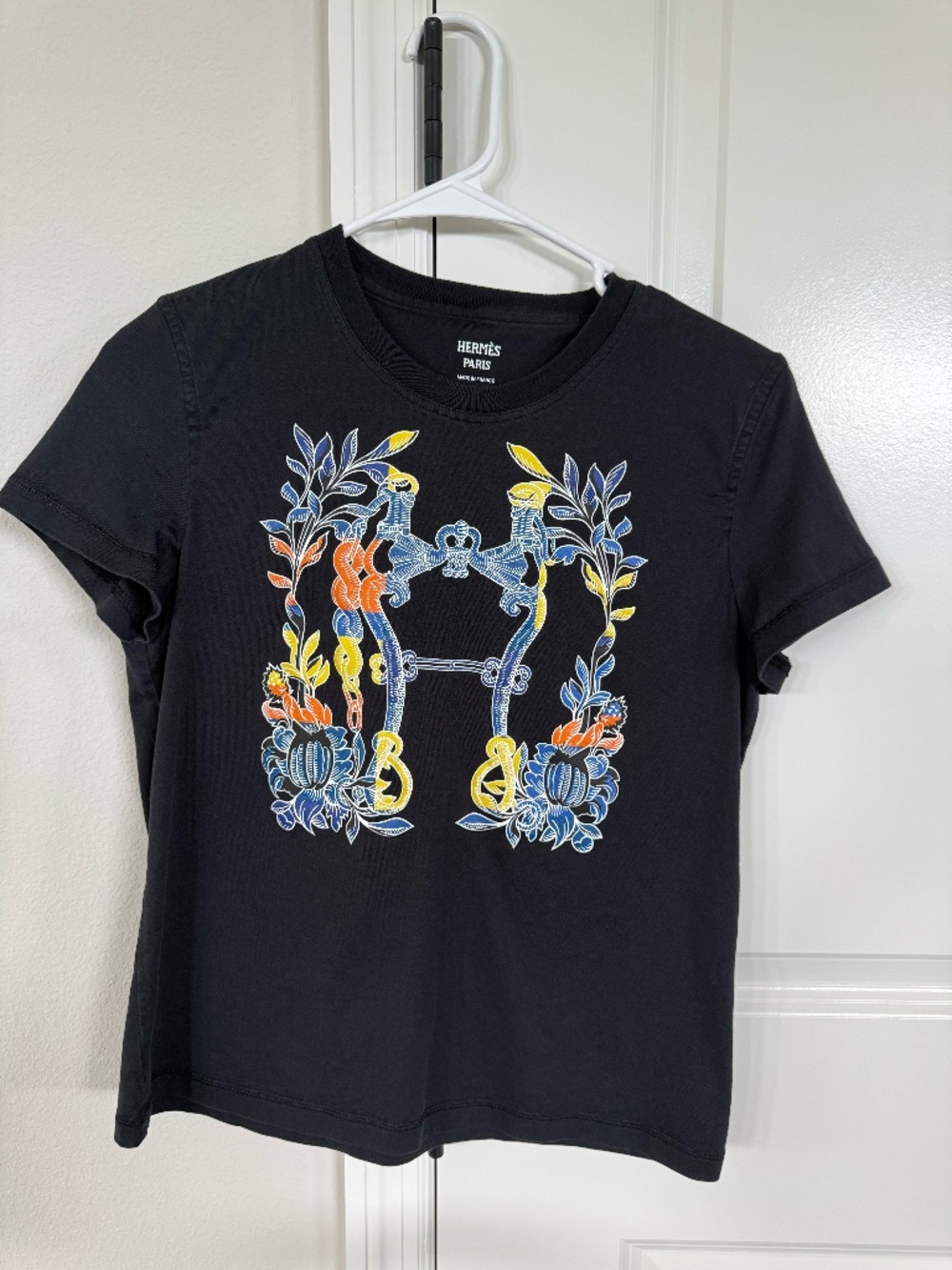 Hermès Paris T-Shirt — Black w/ Floral H Print, Size 38